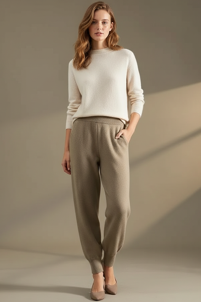 Pantalon Marron Laine Tricoté Ample Confortable - Kaki