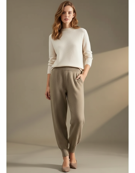 Pantalon Marron Laine Tricoté Ample Confortable - Kaki