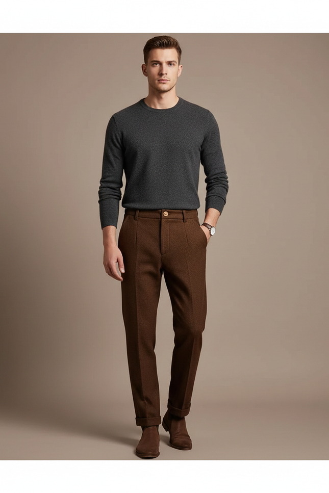 Pantalon Marron Laine Plissé Droit Formel Élégant Homme - Tweed