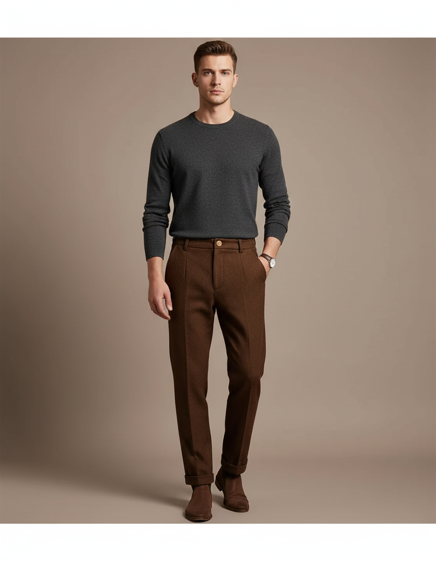 Pantalon Marron Laine Plissé Droit Formel Élégant Homme - Tweed