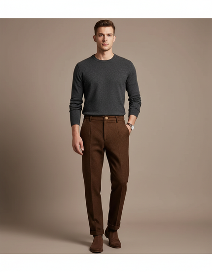 Pantalon Marron Laine Plissé Droit Formel Élégant Homme - Tweed