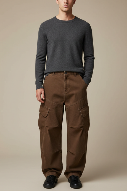 Pantalon Marron Cargo Ample Décontracté Poches - Toile