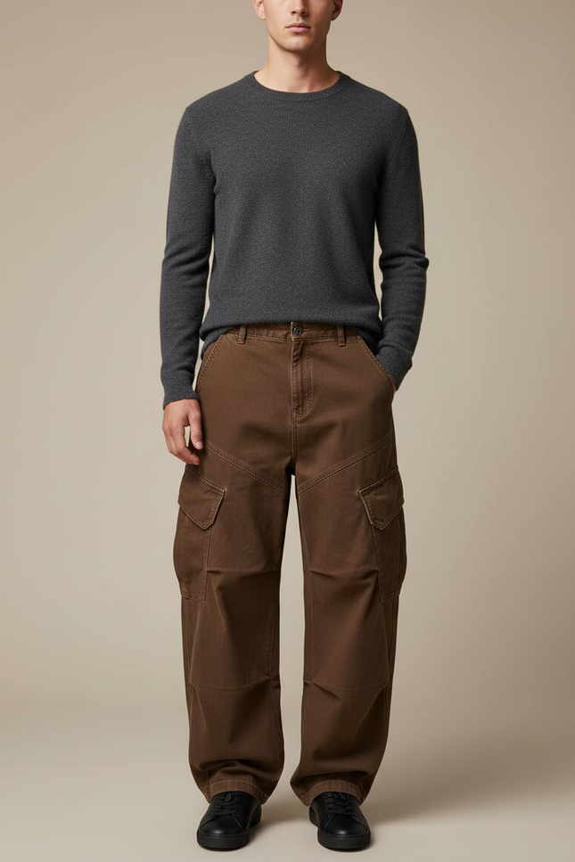 Pantalon Marron Cargo Ample Décontracté Poches - Toile