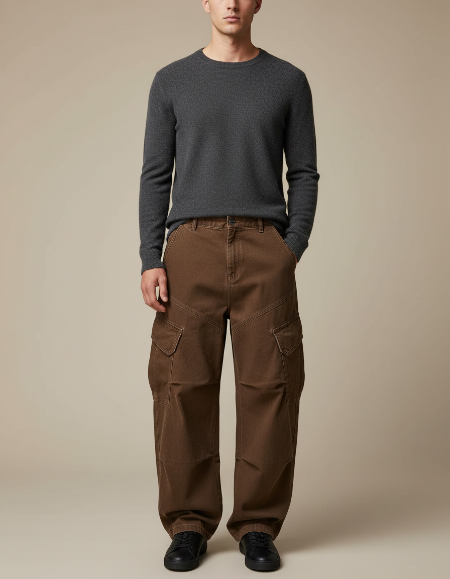 Pantalon Marron Cargo Ample Décontracté Poches - Toile