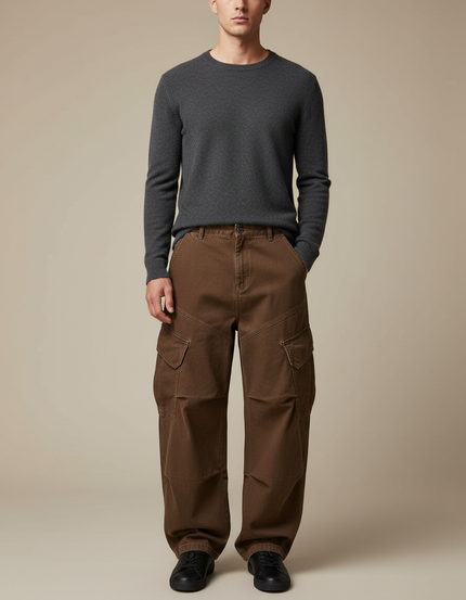 Pantalon Marron Cargo Ample Décontracté Poches - Toile