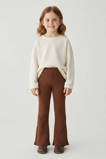 Pantalon Marron Côtelé Tricoté Évasé Fille Confortable - Maille
