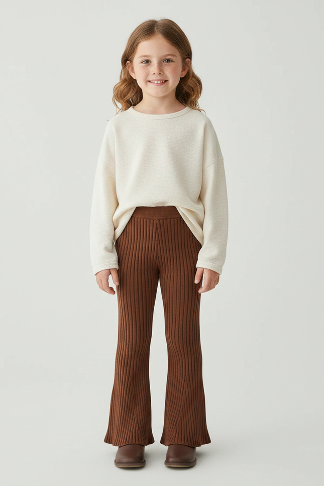 Pantalon Marron Côtelé Tricoté Évasé Fille Confortable - Maille