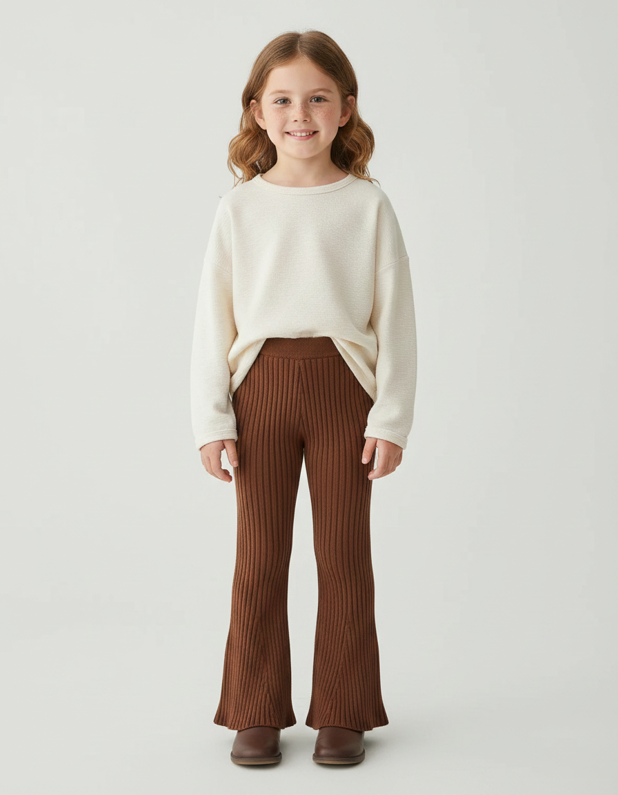 Pantalon Marron Côtelé Tricoté Évasé Fille Confortable - Maille