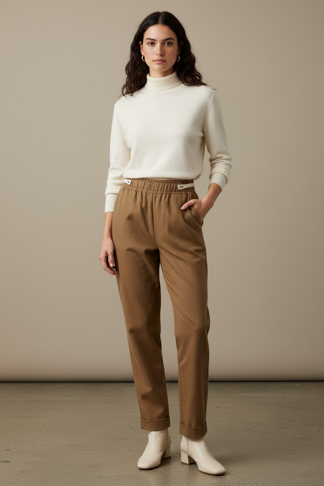 Pantalon Marron Femme Élastique Droit Décontracté Coton - Gabardine