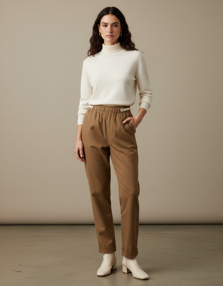 Pantalon Marron Femme Élastique Droit Décontracté Coton - Gabardine