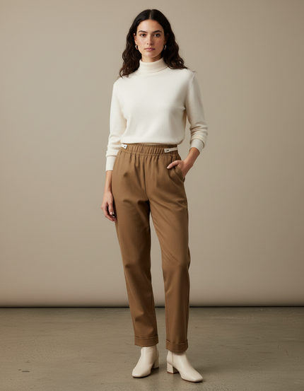 Pantalon Marron Femme Élastique Droit Décontracté Coton - Gabardine
