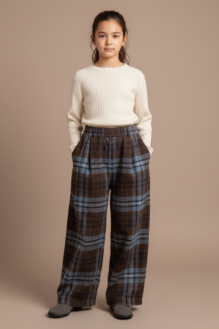 Pantalon Marron Plaid Large Hiver Chaud - Tweed