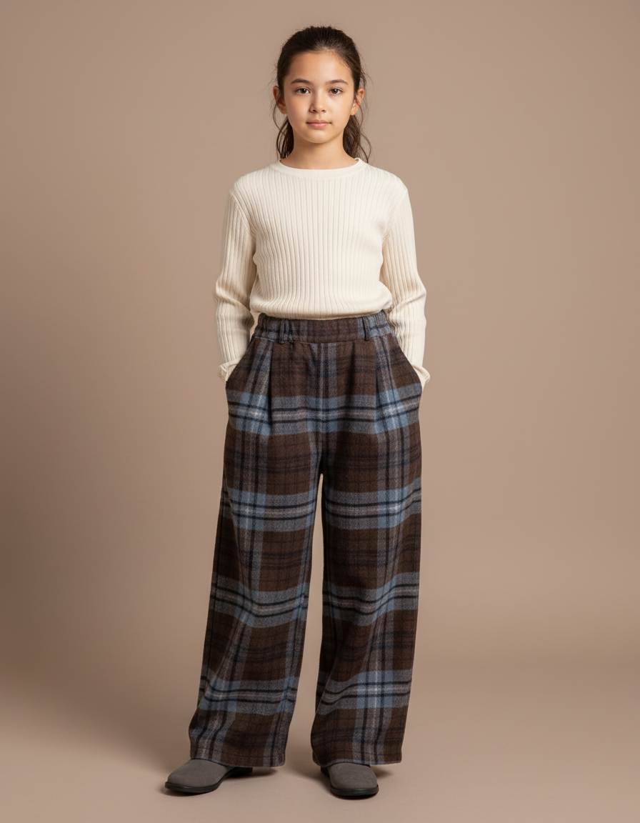 Pantalon Marron Plaid Large Hiver Chaud - Tweed
