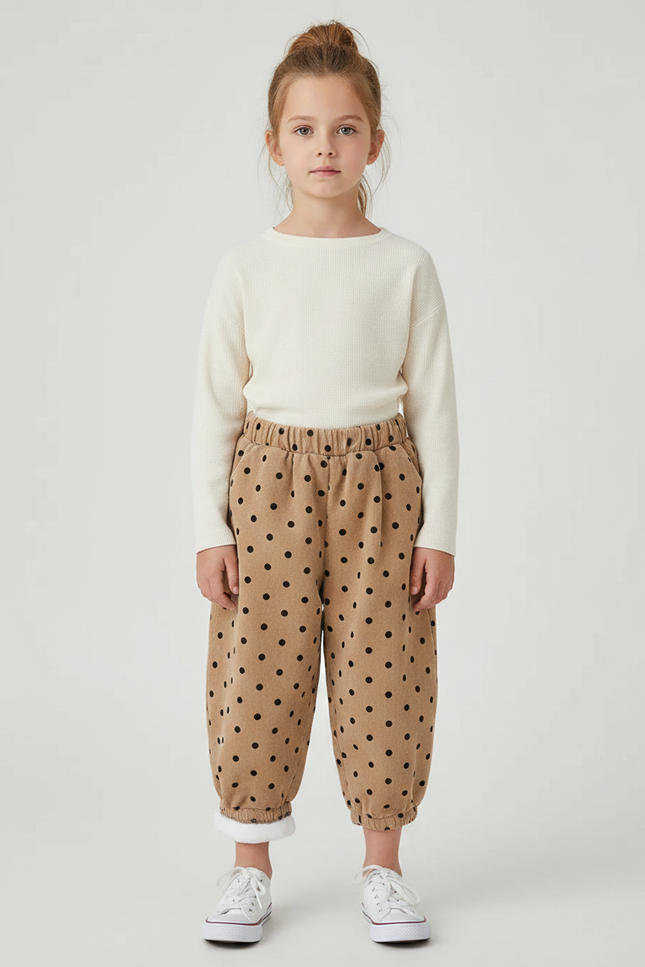 Pantalon Marron Côtelé Polka Dots Ample Doublé Hiver - Cordé