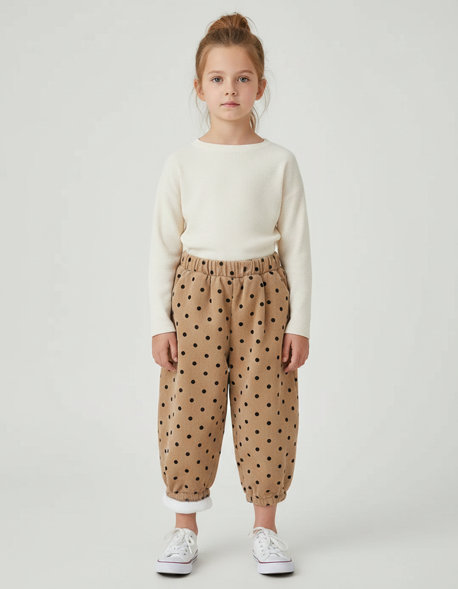 Pantalon Marron Côtelé Polka Dots Ample Doublé Hiver - Cordé
