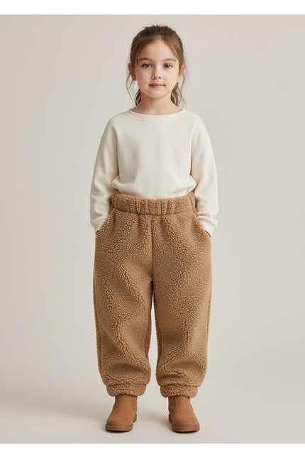 Pantalon Marron Polaire Épais Doux Enfant Hiver - Camel Molleton
