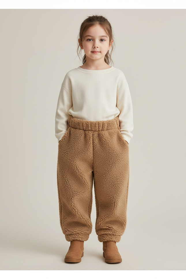 Pantalon Marron Polaire Épais Doux Enfant Hiver - Camel Molleton