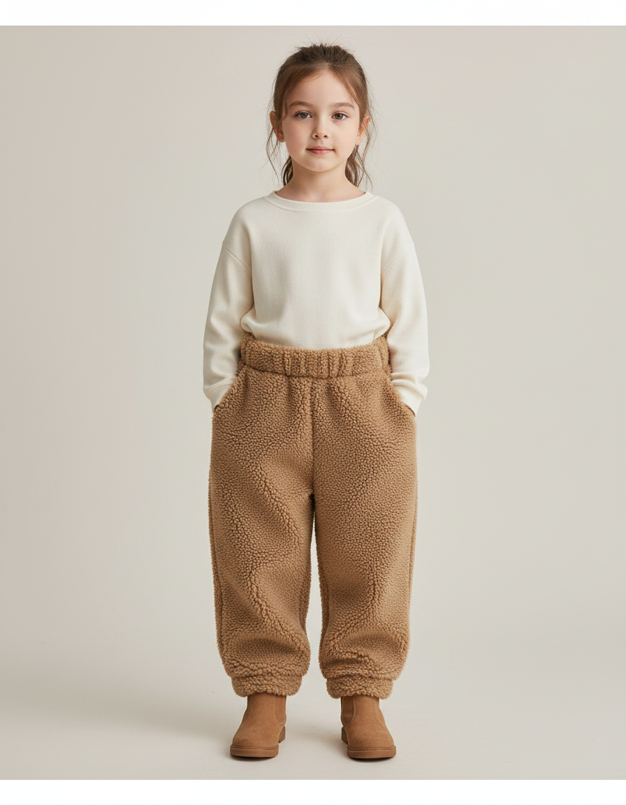 Pantalon Marron Polaire Épais Doux Enfant Hiver - Camel Molleton