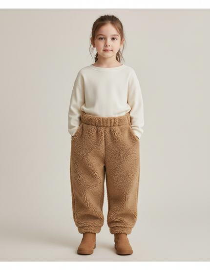 Pantalon Marron Polaire Épais Doux Enfant Hiver - Camel Molleton