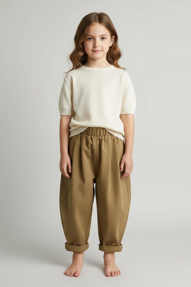 Pantalon Marron Ample Coton Enfant Plissé Décontracté - Kaki