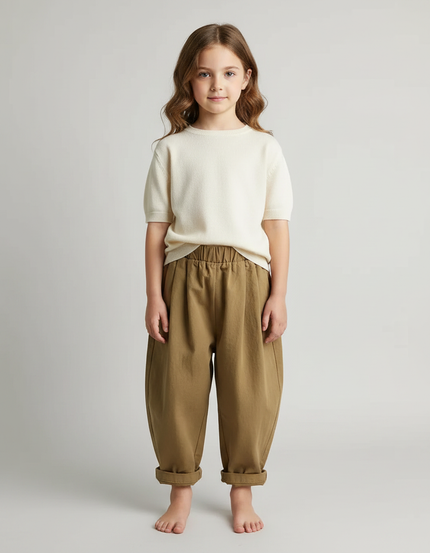 Pantalon Marron Ample Coton Enfant Plissé Décontracté - Kaki