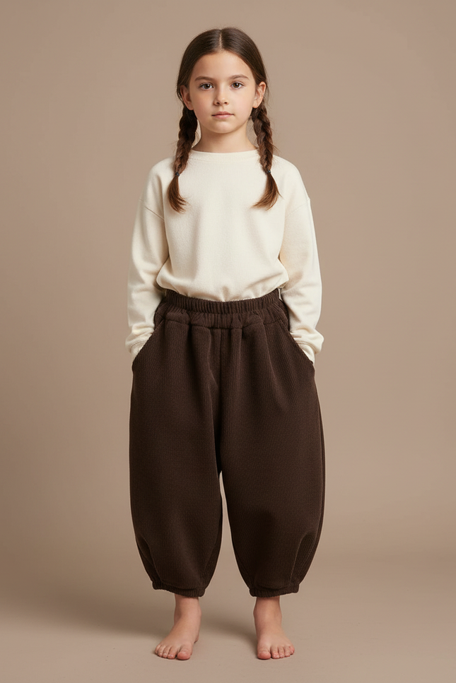 Pantalon Marron Côtelé Ample Élastique Confortable Enfant - Cordé