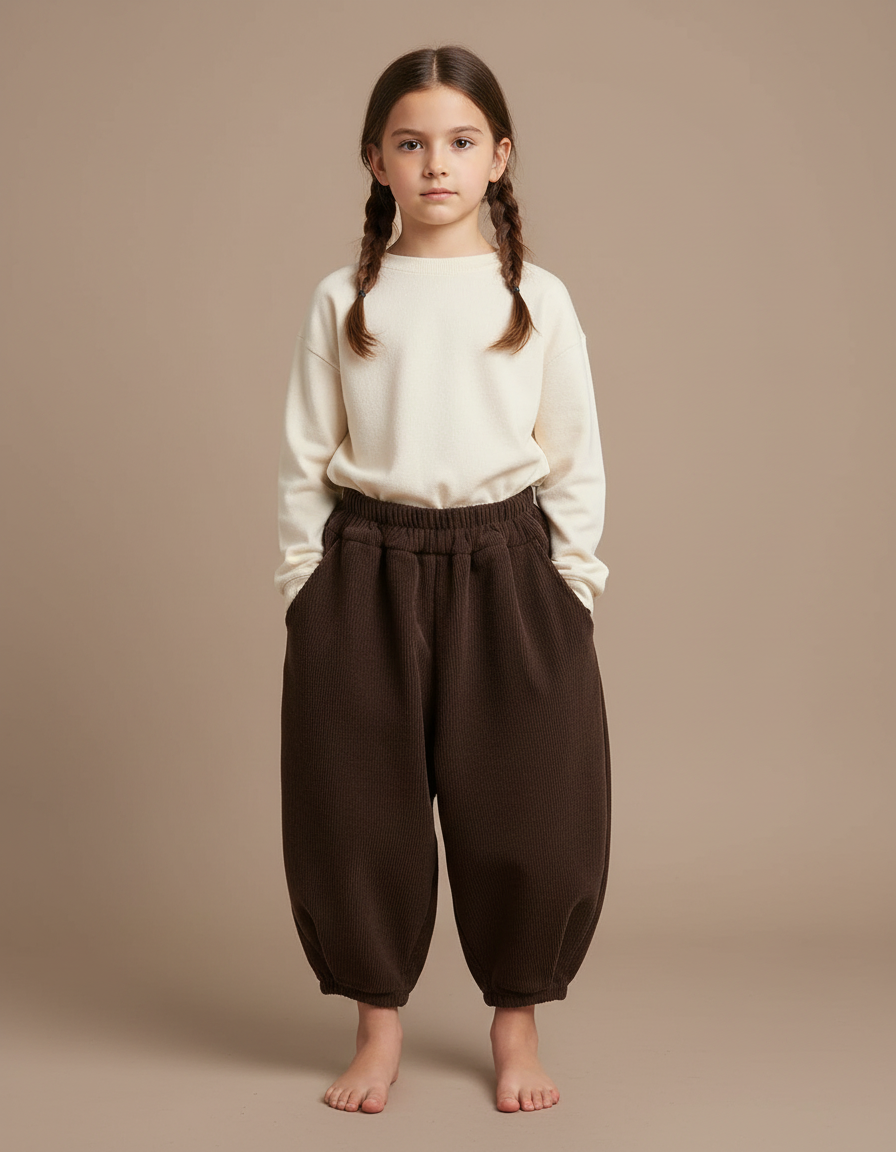 Pantalon Marron Côtelé Ample Élastique Confortable Enfant - Cordé