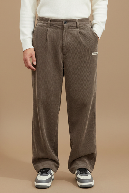 Pantalon Marron Côtelé Ample Plissé Décontracté - Cordé