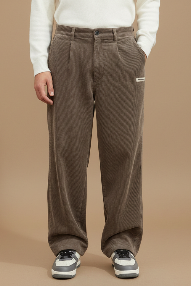 Pantalon Marron Côtelé Ample Plissé Décontracté - Cordé