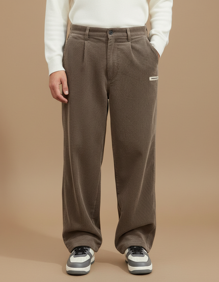 Pantalon Marron Côtelé Ample Plissé Décontracté - Cordé