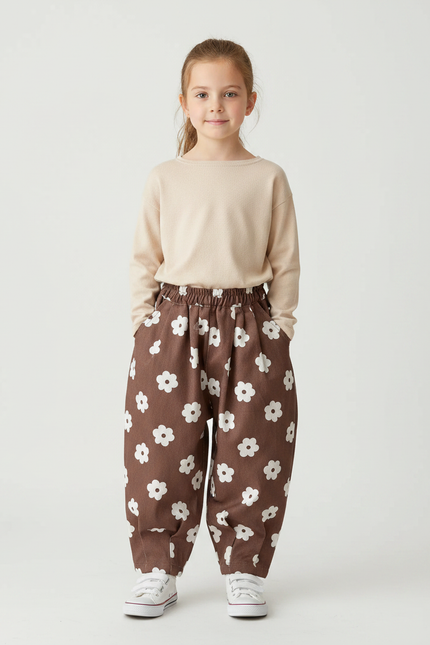 Pantalon Marron Ample Floral Décontracté Enfants - Coton
