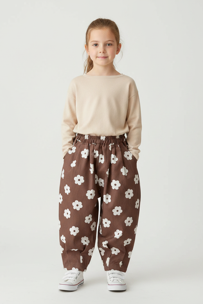 Pantalon Marron Ample Floral Décontracté Enfants - Coton