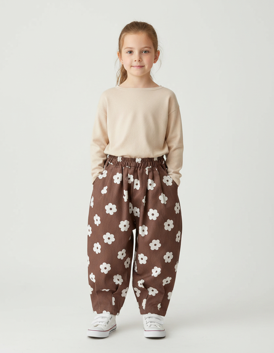 Pantalon Marron Ample Floral Décontracté Enfants - Coton
