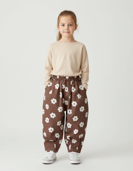 Pantalon Marron Ample Floral Décontracté Enfants - Coton