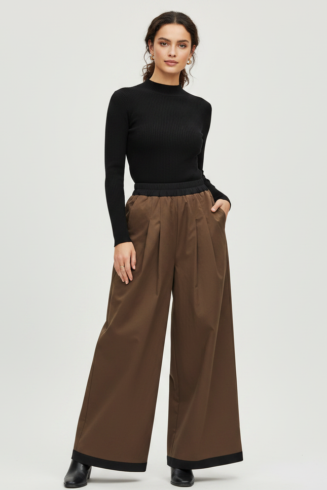 Pantalon Marron Ample Plissé Décontracté Fluide Chic - Gabardine