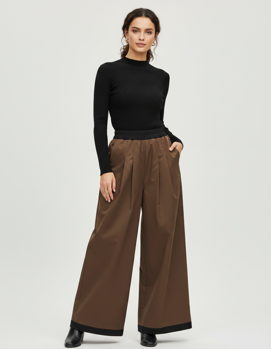 Pantalon Marron Ample Plissé Décontracté Fluide Chic - Gabardine