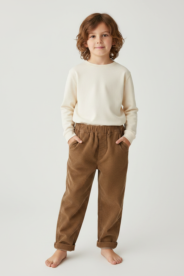 Pantalon Marron Côtelé Enfant Ample Décontracté Doux - Cordé