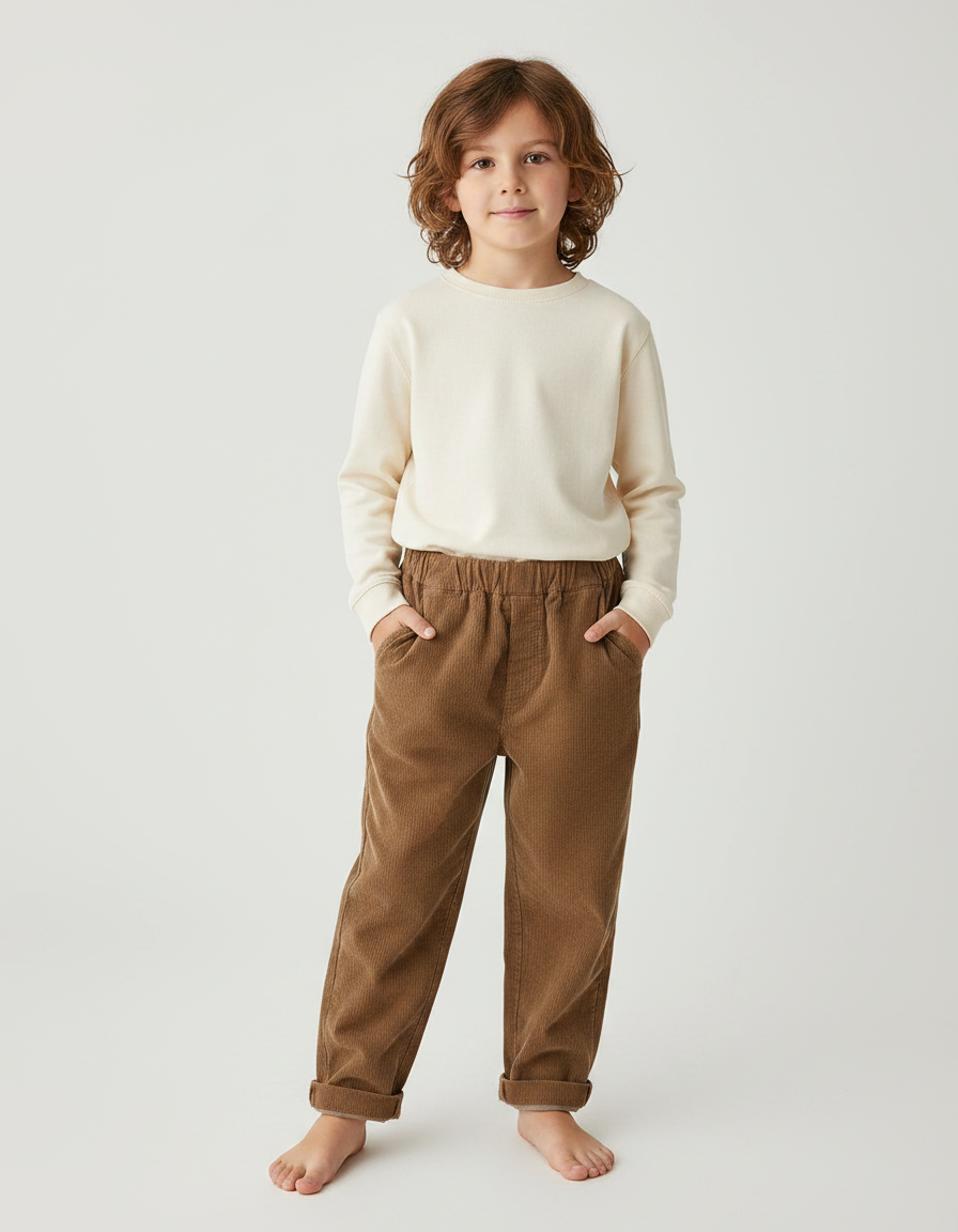 Pantalon Marron Côtelé Enfant Ample Décontracté Doux - Cordé