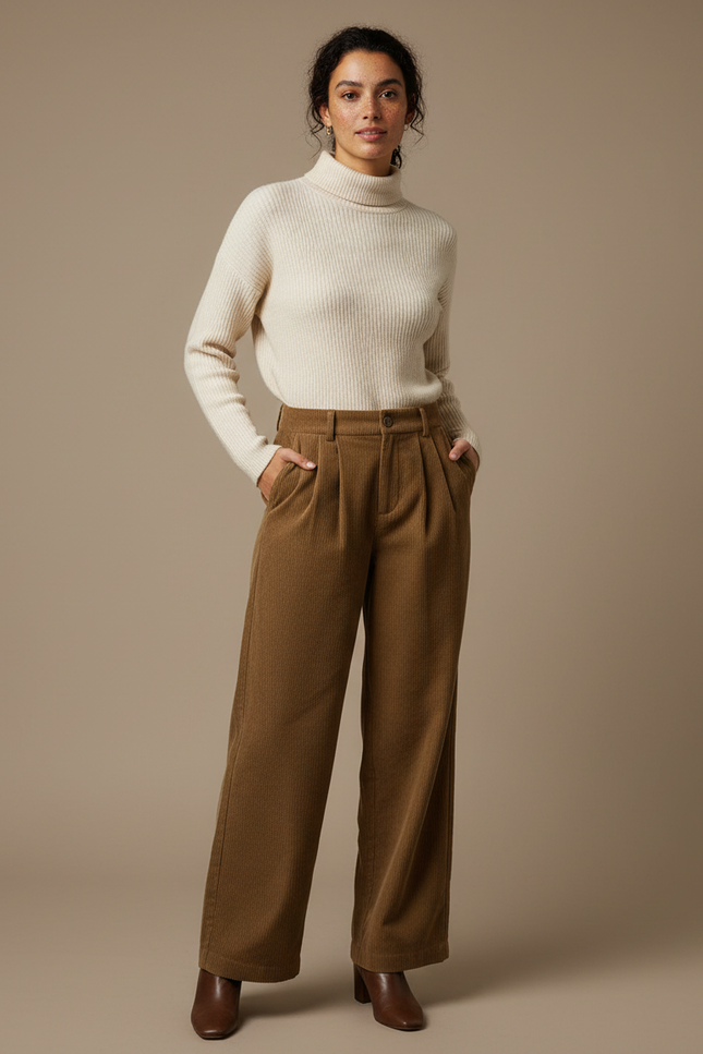 Pantalon Marron Côtelé Droit Ample Plissé Taille Haute Femme - Cordé