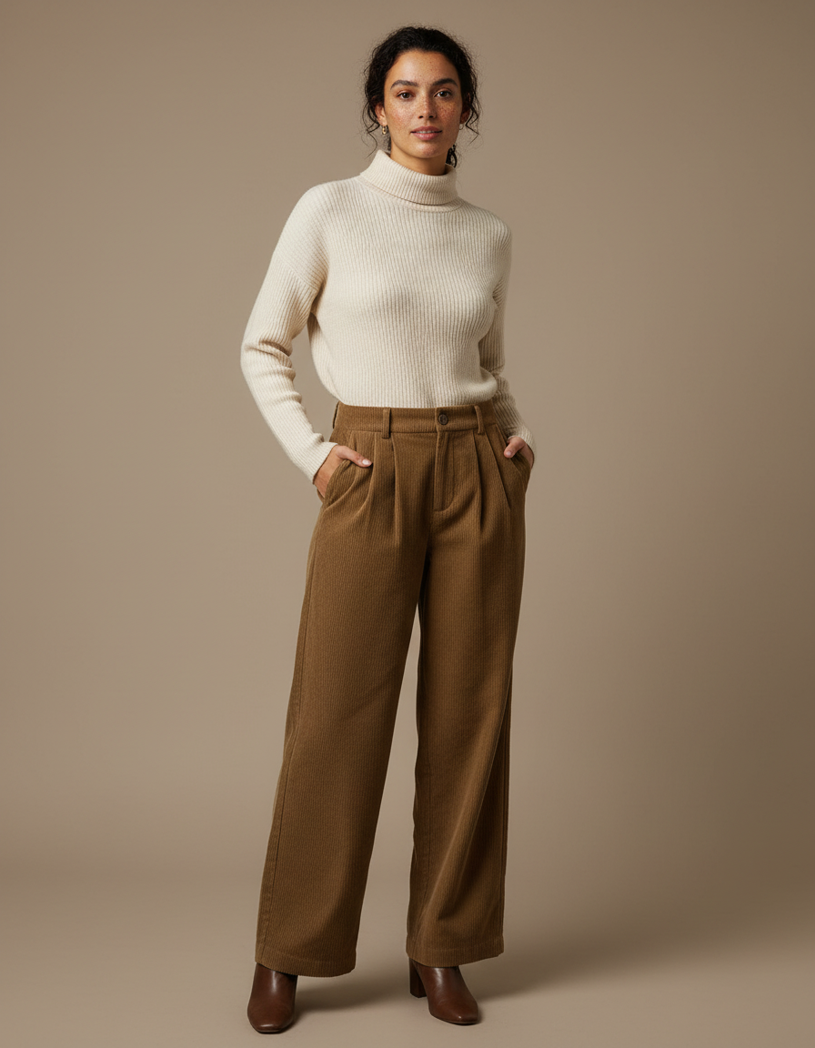 Pantalon Marron Côtelé Droit Ample Plissé Taille Haute Femme - Cordé
