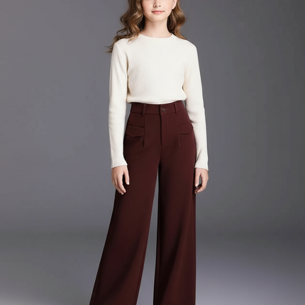 Pantalon Marron Taille Haute Ample Fluide Élégant - Bordeaux Gabardine