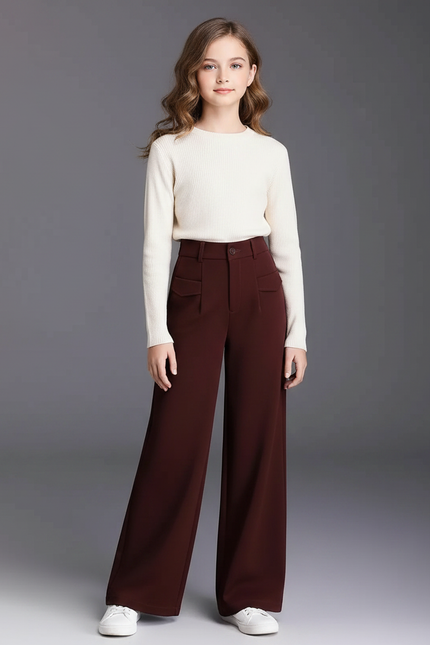 Pantalon Marron Taille Haute Ample Fluide Élégant - Bordeaux Gabardine