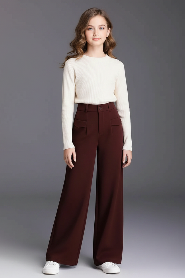 Pantalon Marron Taille Haute Ample Fluide Élégant - Bordeaux Gabardine