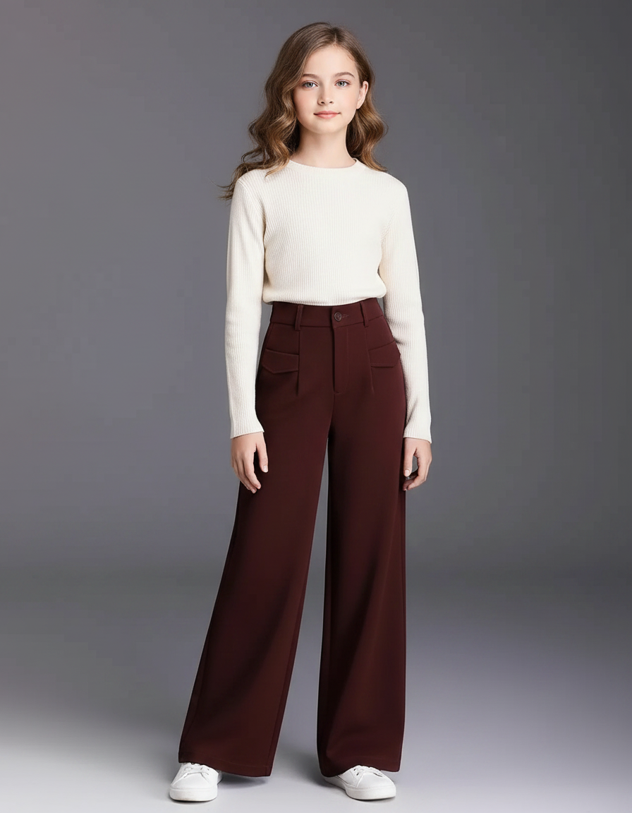 Pantalon Marron Taille Haute Ample Fluide Élégant - Bordeaux Gabardine