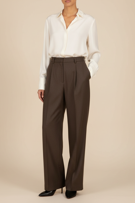 Pantalon Marron Laine Plissé Taille Haute Droit Élégant