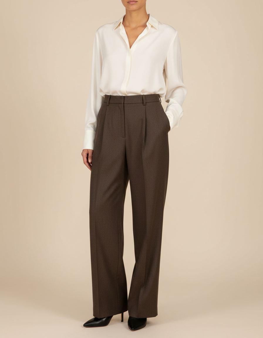 Pantalon Marron Laine Plissé Taille Haute Droit Élégant