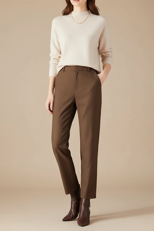 Pantalon Marron Coupe Droite Taille Haute Élégant - Gabardine