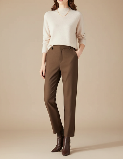 Pantalon Marron Coupe Droite Taille Haute Élégant - Gabardine