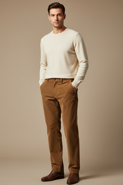Pantalon Marron Côtelé Droit Élégant Homme - Cordé