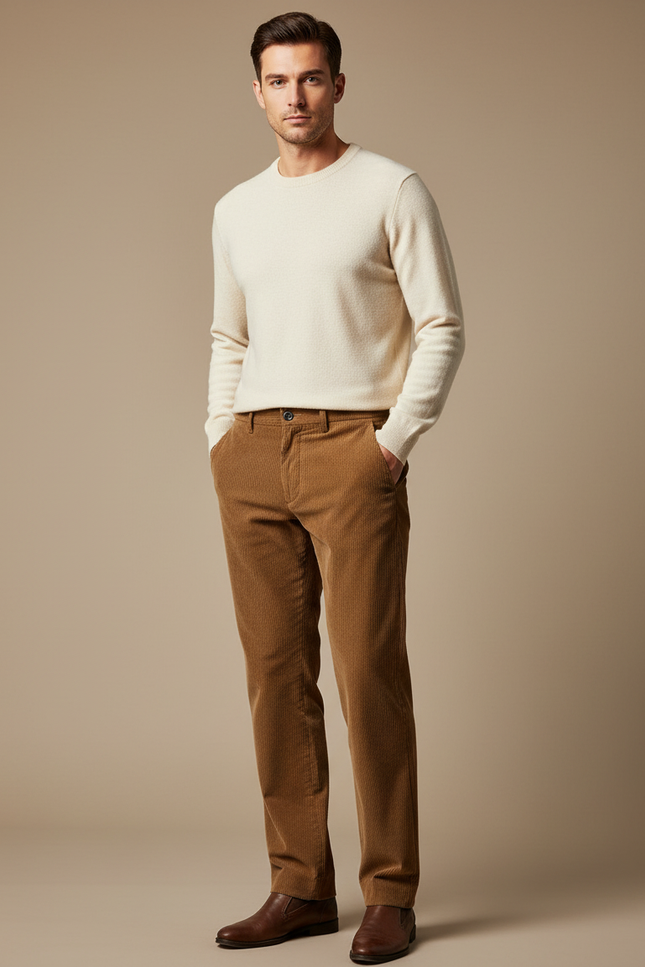 Pantalon Marron Côtelé Droit Élégant Homme - Cordé
